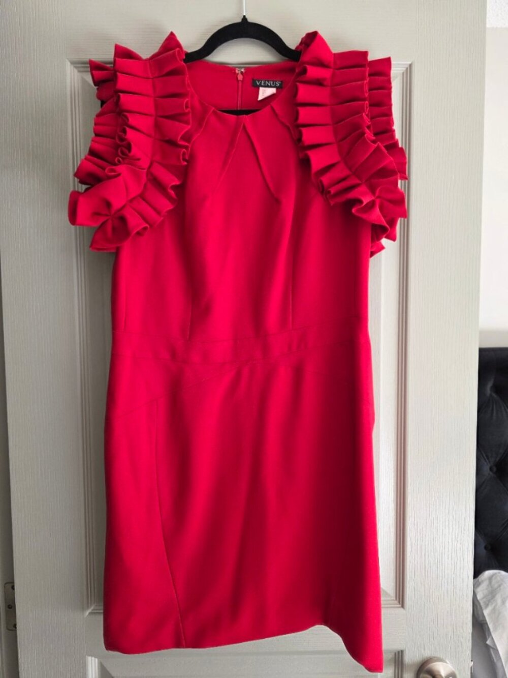 VENUS Red Ruffle Shoulder Sheath Dress US 12 UK 16 EU 42 Work Holiday Cocktail